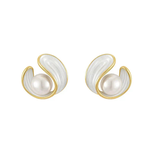 Gold Swirl Pearl Stud Earrings